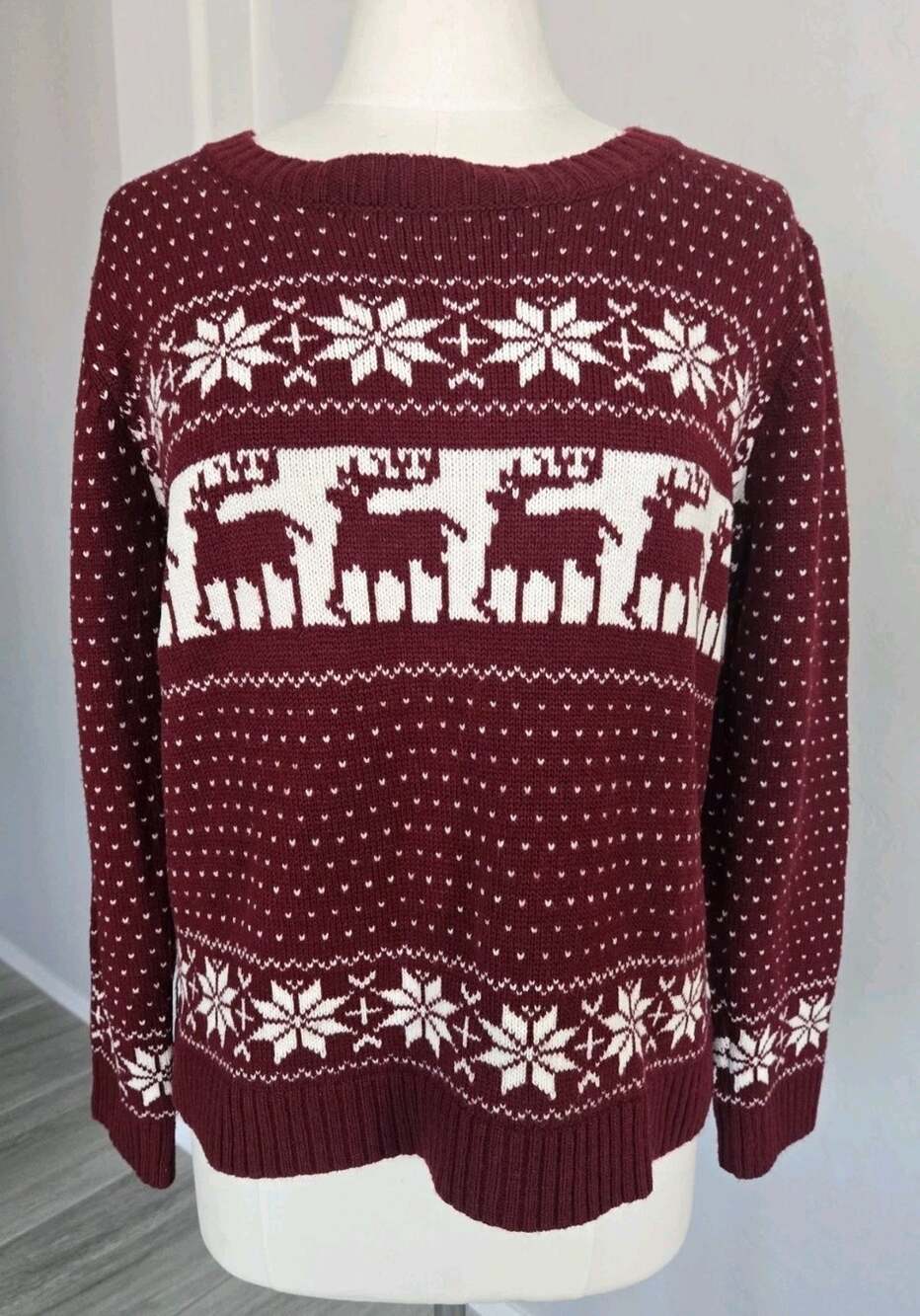 POL Fair Isle Winter Deer Burgundy Sweater Sz XL
